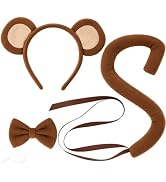 Tedercle 3 Pack Monkey Ears Headband Bow Tie and Tail Set, Brown Plush Animal Cosplay Costume Acc...