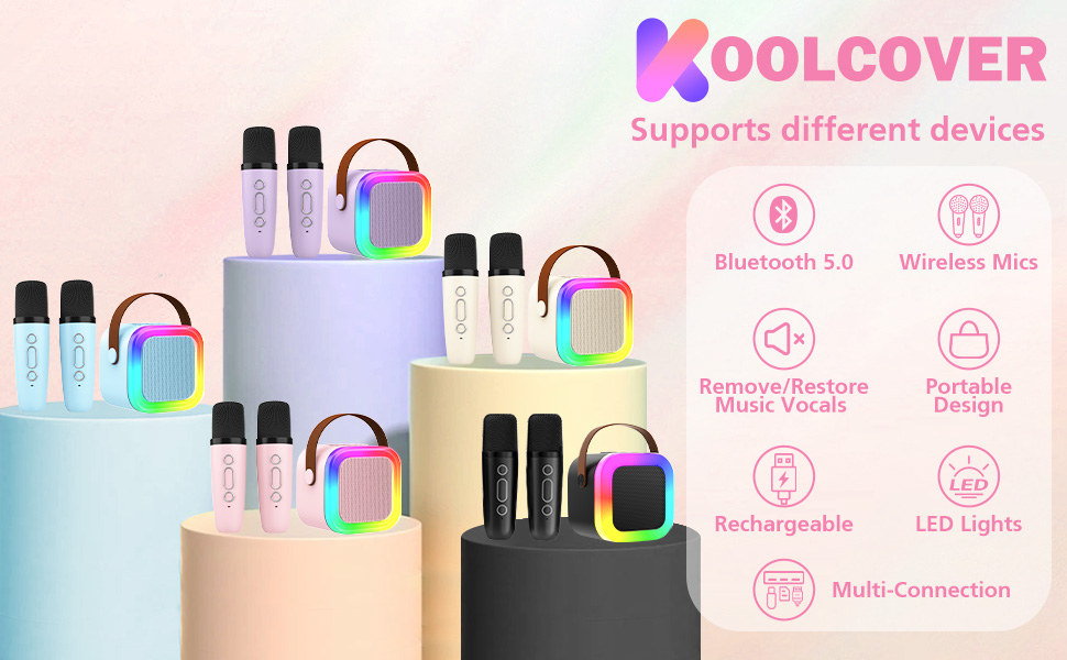 Text reads 'KOOLCOVER'. Marketing display showing colorful gradient product containers arranged on pedestals against pink background with icon grid showing product features.