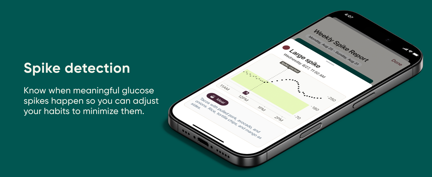 Spike detection. Know when meaningful glucose spikes happen. Phone laying on flat surface with spike