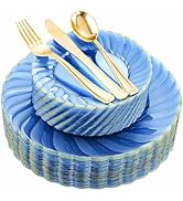 YOUBET 125Pieces Clear Blue Plastic Plates with Gold Rim-Gold Plastic Silverware Include 25 Dinne...