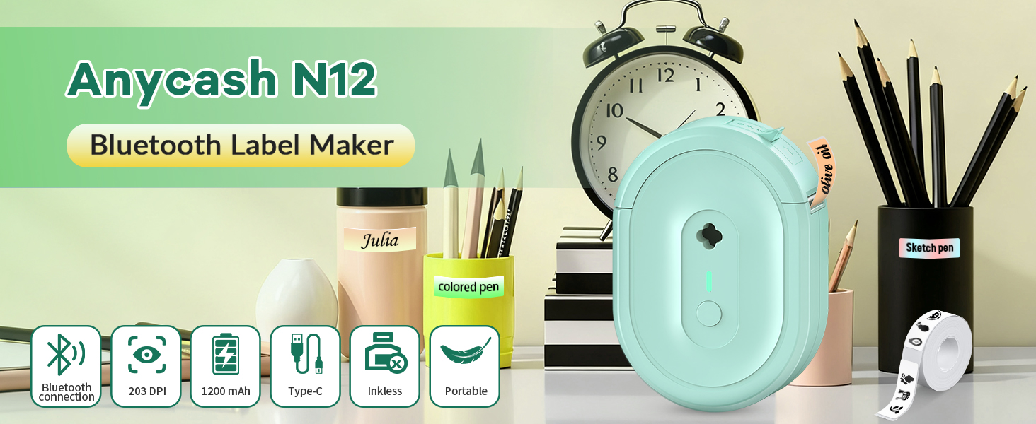 Anycash N12 Portable Bluetooth Label Maker with Tape