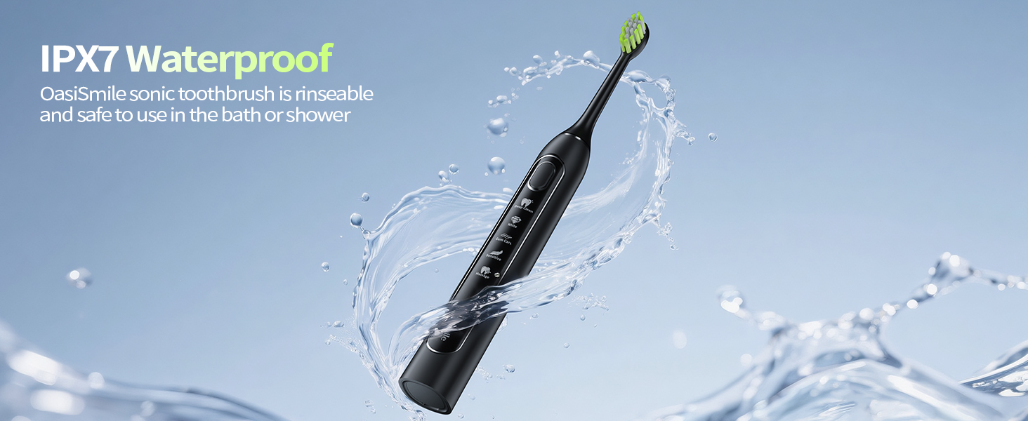 Text reads 'IPX7 Waterproof'. Product demonstration showing water resistance feature with water droplets splashing around a black electronic device.