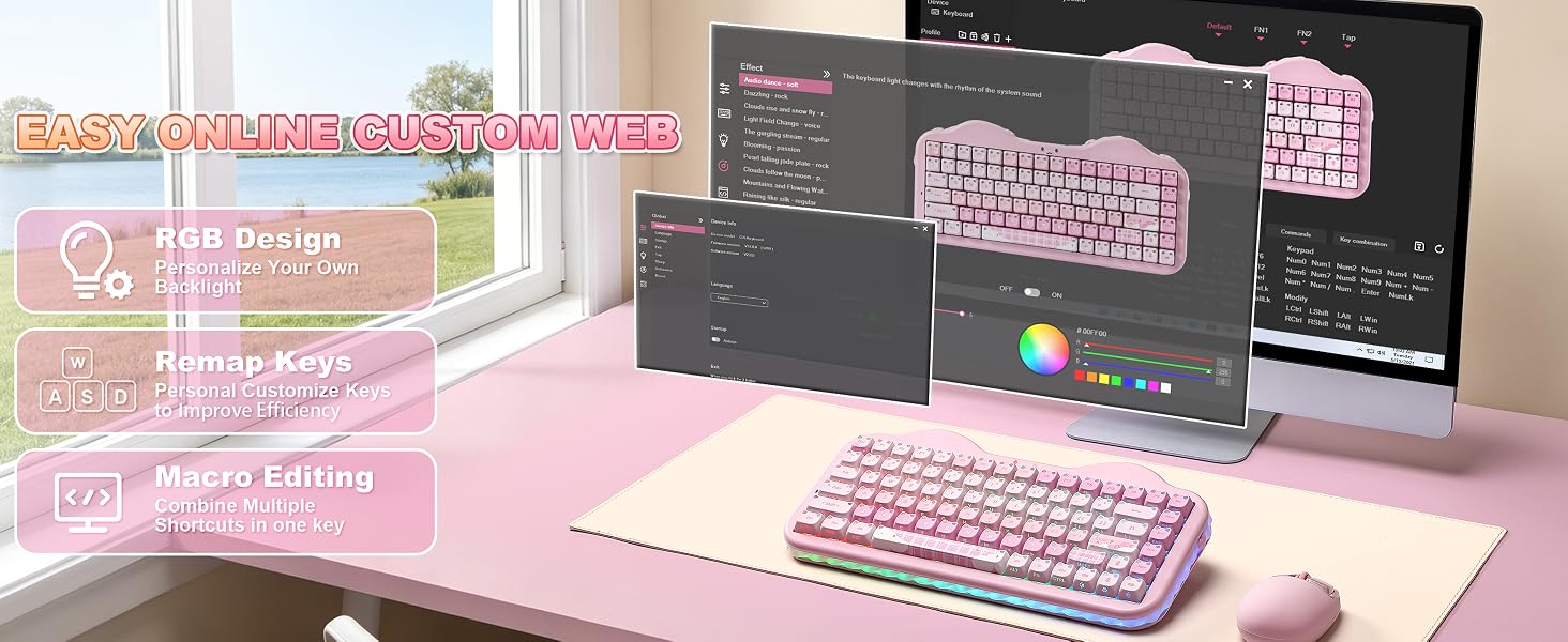 Text reads "Create a high-resolution pink", "110 Bridge", "Skin", and additional partial text. Pink gaming setup featuring keyboard, monitor, and computer peripherals arranged on pink desk surface.