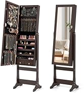 Giantex 2 LEDs Standing Jewelry Cabinet with Full Length Mirror, Lockable Mirrored Jewelry Armoir...