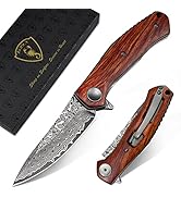 AUBEY Damascus Folding Pocket Knife Handmade with Clip for Men, Damascus Hunting Knife EDC Knife ...