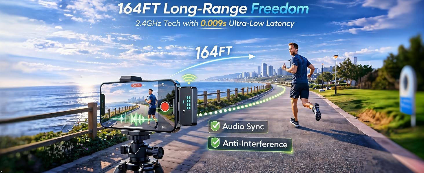 164ft Range Wireless Mic iPhone 17 Fitness Vlog Stable Audio Outdoor Running
