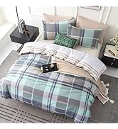 LEMIROE Classic 100% Cotton Duvet Cover King Size 3PC – Textured Plaid in Pearl Aqua, Denim Blue,...