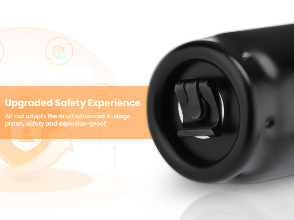 Close-up view of a black cylindrical device showing an internal hexagonal socket mechanism, with text overlay mentioning upgraded safety experience.