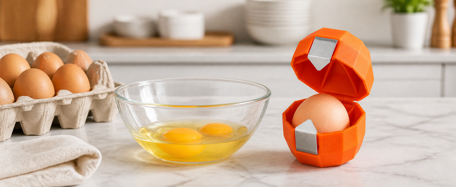 Orange egg cracker beside a bowl of cracked eggs