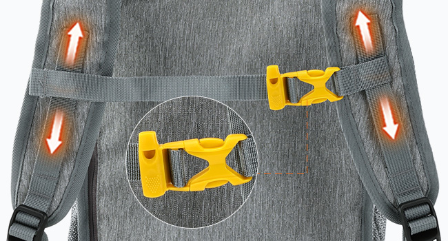 Close-up of grey backpack straps with yellow plastic clips. Four orange arrow icons indicate adjustability. Textured fabric visible.