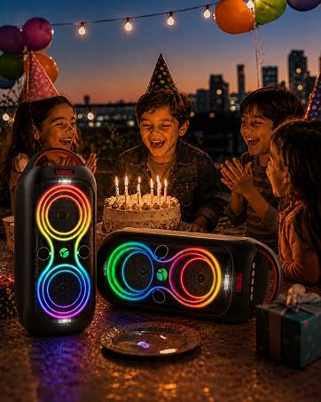 children birthday party in the evening with happy smiles and the speaker playing near them