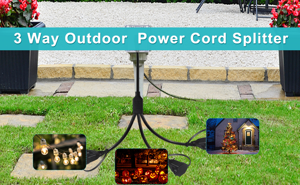 Outdoor Power Extension Cord 3 Way Splitter