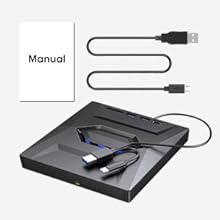 Package includes ROOFULL B21-Y external cd dvd drive, power supply cord, and user manual