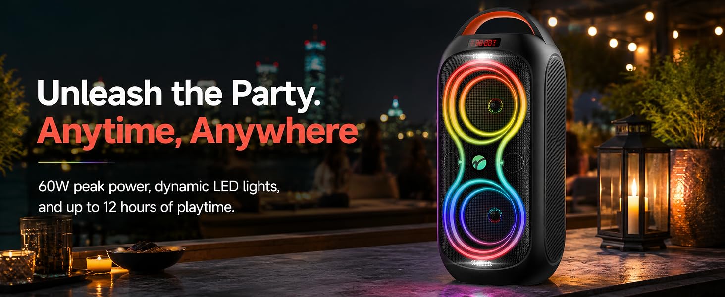 Unleash the party with rgb light speakers and up to 12 hours of playtime!