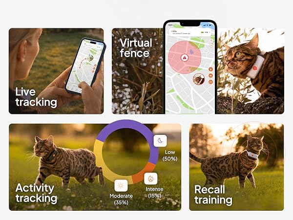 Text reads 'Live tracking', 'Virtual fence', 'Activity', 'Recall training'. App interface screenshots showing pet tracking features with images of dogs in outdoor settings.