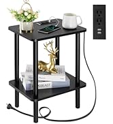 FORAOFUR End Table with Charging Station, Black Side Table with USB Ports and Outlets, Small Side...