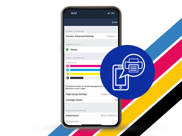 Brother Mobile Connect app showing page gauge with approx ink levels in connected Brother printer