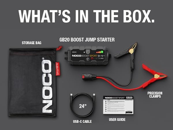 Whats in the box. GB20 jump starter, jumper cable clamps, USB cable and microfiber bag.