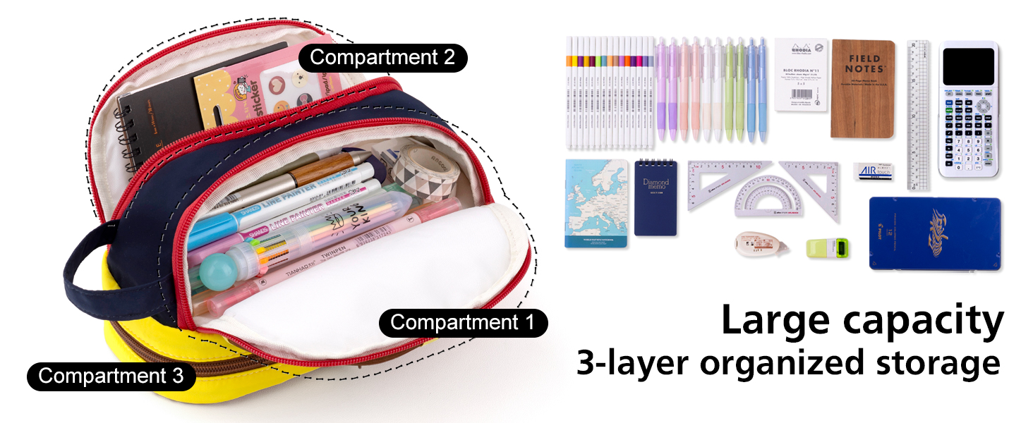 3 compartments pencil case, well organized