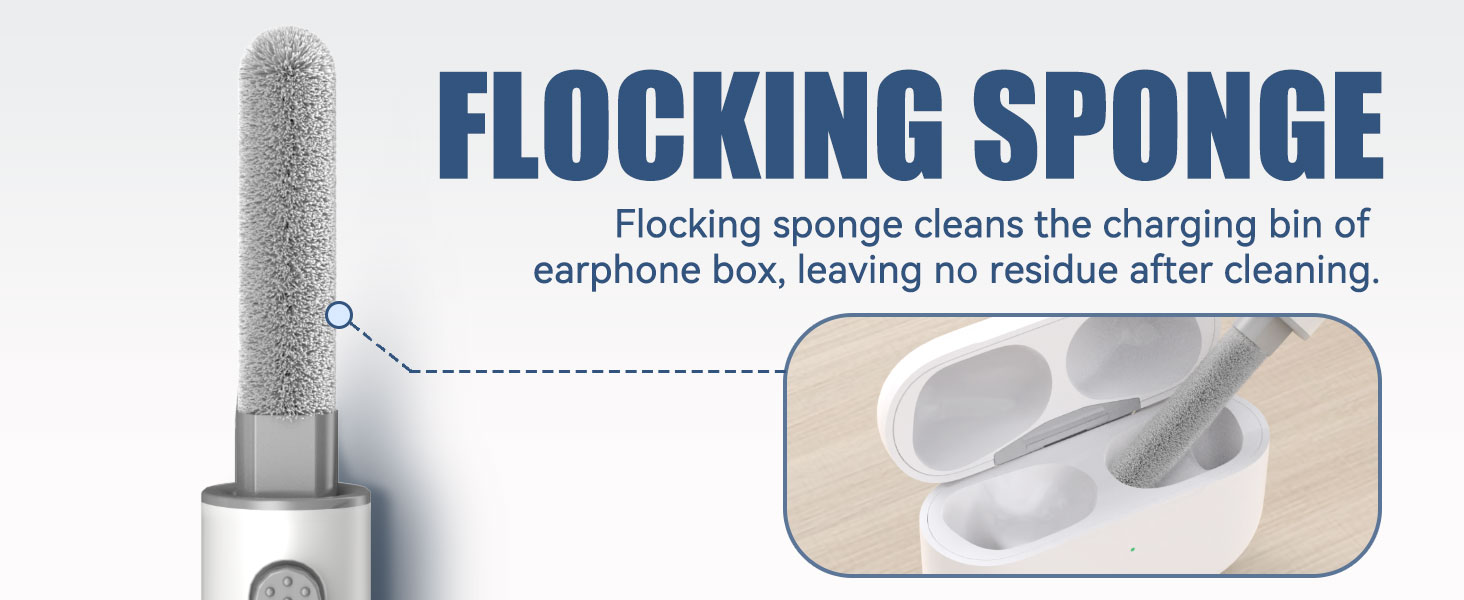 Product labeled 'FLOCKING SPONGE' with text explaining it cleans residue from earphone box.