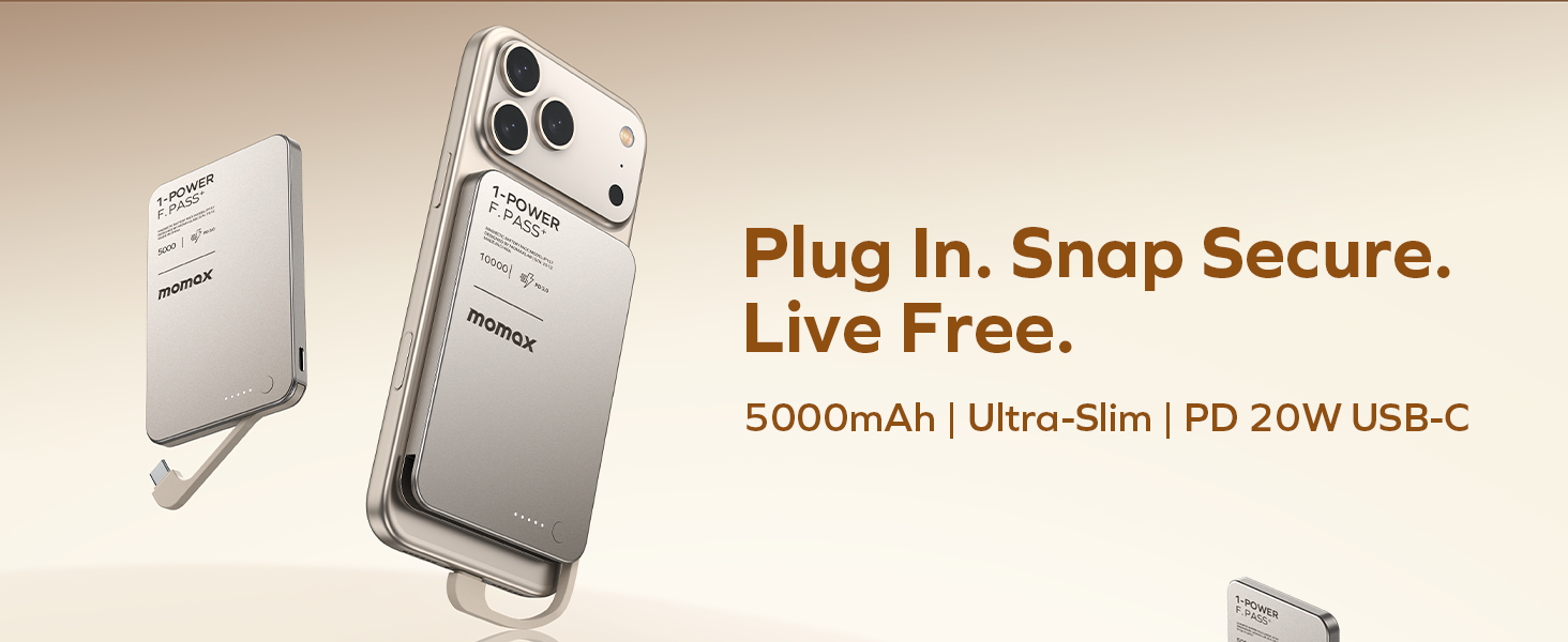 Text reads 'Plug In. Snap Secure. Live Free.' and '5000mAh | Ultra-Slim | PD 20W USB-C'. Product advertisement showing white power bank devices and iPhone.