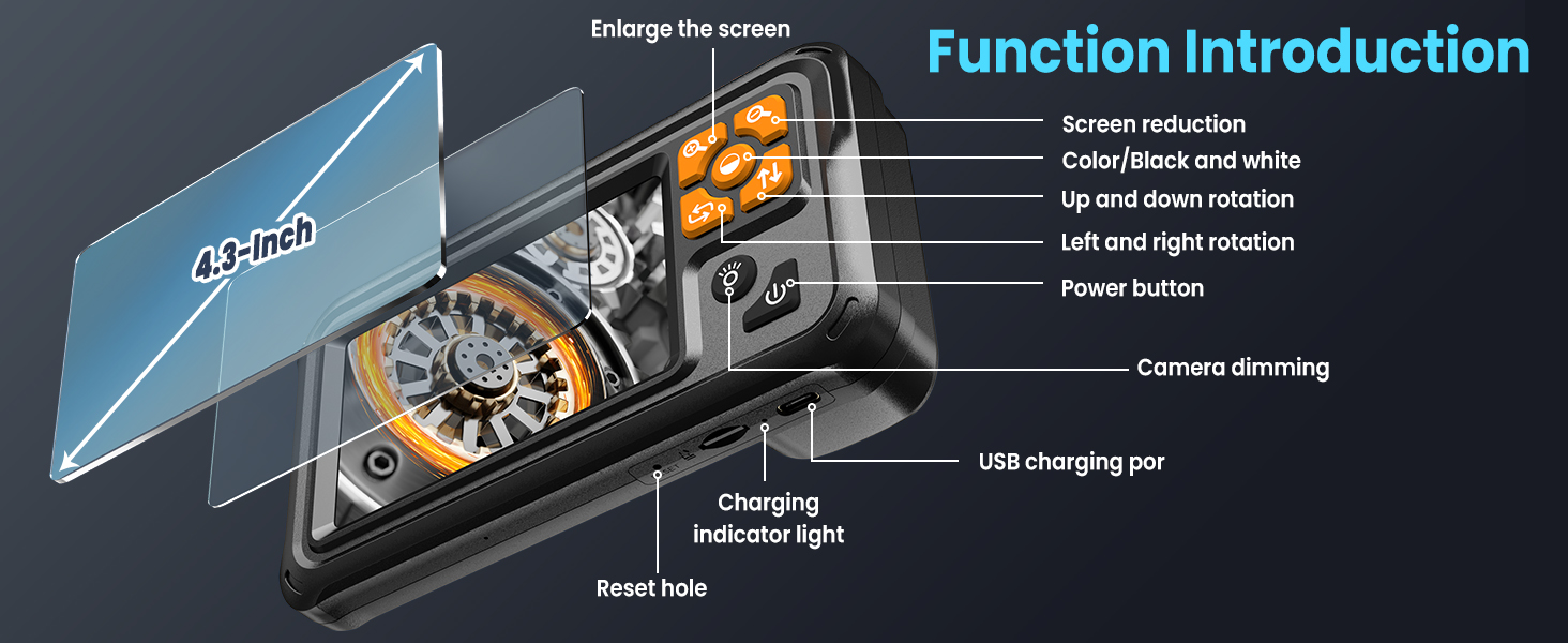 Vorth Endoscope Camera with Light, 4.3&amp;#34; IPS Screen 1080P Borescope Tools with 8 LED Lights