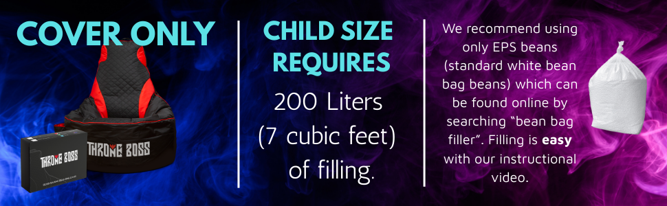 Gaming bean bag cover only requires eps beans to fill and adult size 350 liters and child size 200