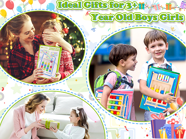 Collage of images showing children with educational toys. Title reads 'Ideal Gifts for 3-4 Year Old Boys Girls'. Toys include abacus and building blocks.