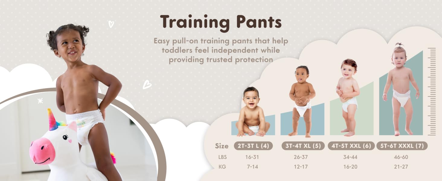Easy pull-on training pants size chart from Maneki Baby
