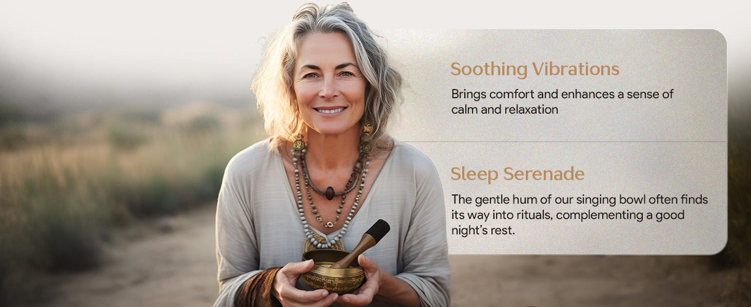 Mature woman enjoying serenity with handcrafted meditation bowl