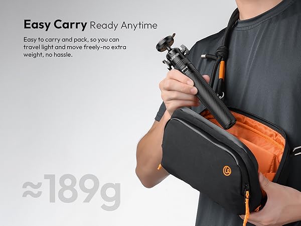 Text reads 'Easy Carry Ready Anytime' and '˜189g'. Folded camera tripod or gimbal being held, showing its compact and lightweight design.