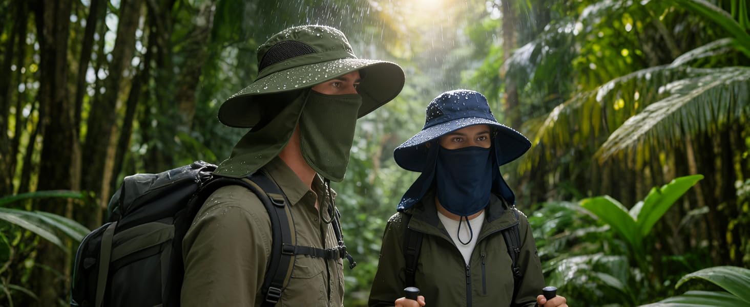 Jungle hikers in rain: Man (green), woman (navy). Backpacks, foliage. Water-resistant hats.
