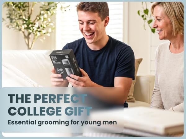 A young man happy about his mother giving him an electric razor as a gift