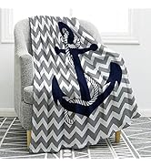 Jekeno Nautical Anchor Blanket Navy Tie Pattern with Gray and White Chevron Ripple Waves Print Gi...