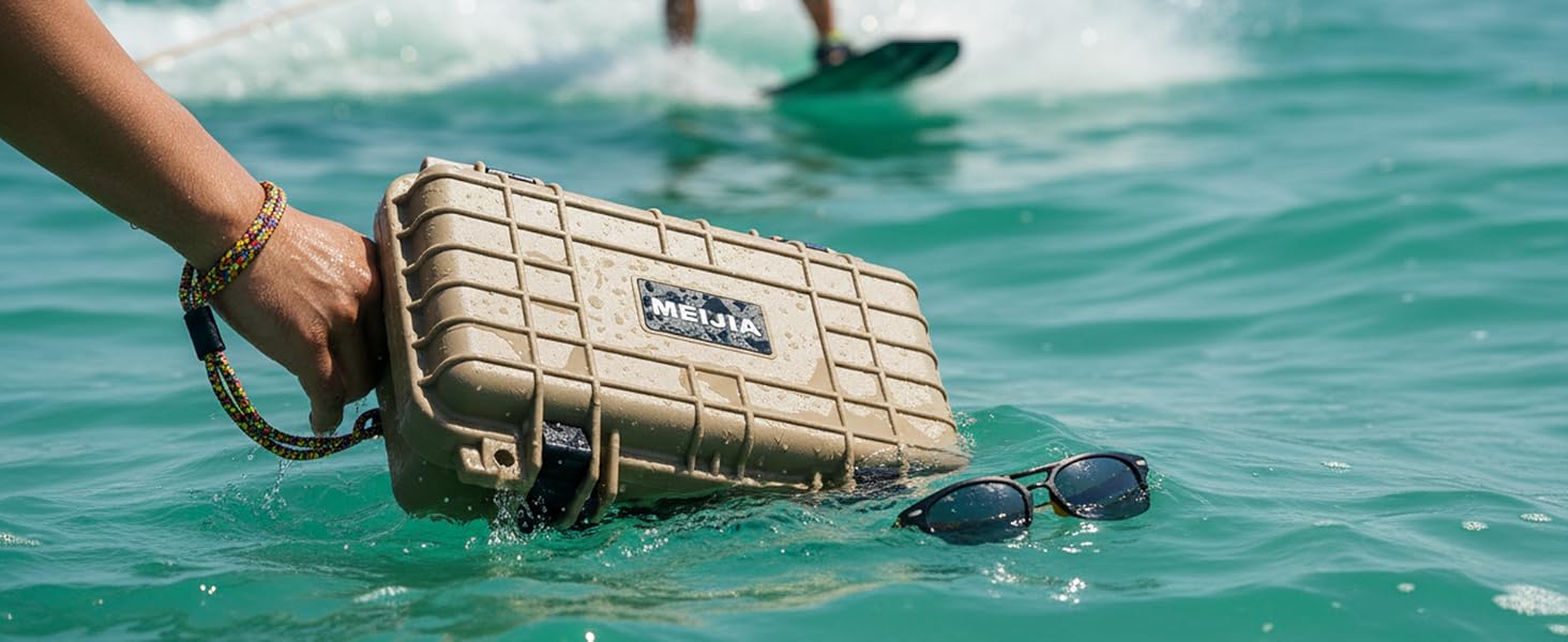 Waterproof protective case being held over water with surfing activity in background. Case appears rugged and designed for water resistance.