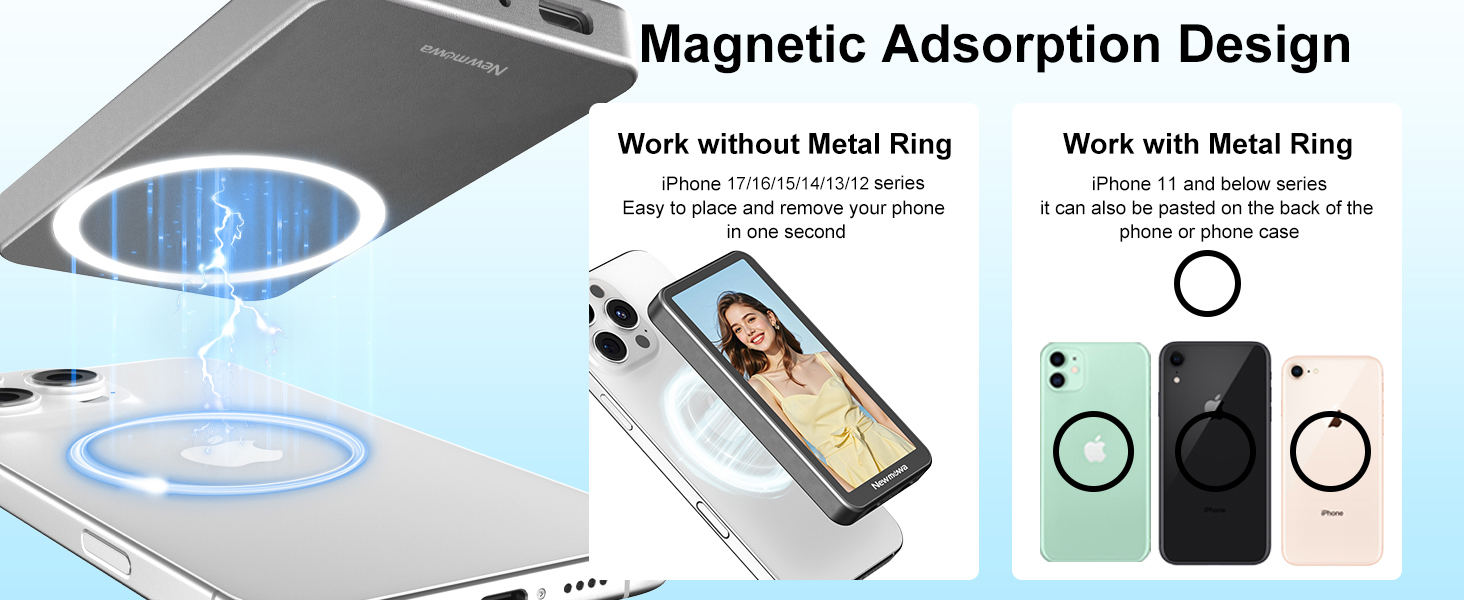 Text reads 'Magnetic Adsorption Design'. Technical product diagrams showing smartphone mounting system with magnetic components and installation steps.