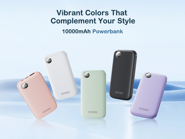 Five 10000mAh powerbanks in pastel colors: pink, white, light green, black, and purple, arranged on a blue surface.