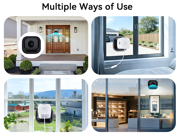 Text: 'Multiple Ways of Use'. Collection of surveillance camera views showing exterior and interior home monitoring scenarios in different lighting conditions.