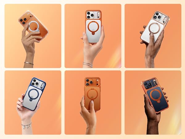 Orange for iPhone 17 Pro Case with 360 Spin Magnetic Stand Slim Polished Clear