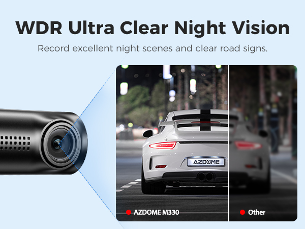 With WDR Technology, AZDOME M330 dash camera records excellent night scenes and clear road signs.