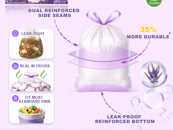 35% more durable*; Dual reinforced side seams; Leak-Proof Reinforced Bottom