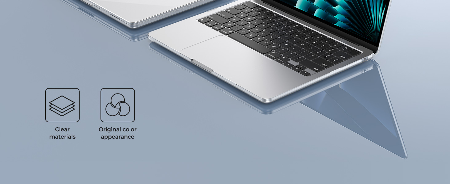 Sleek laptop with thin profile on reflective surface. Icons indicate features related to cooling and ergonomics.