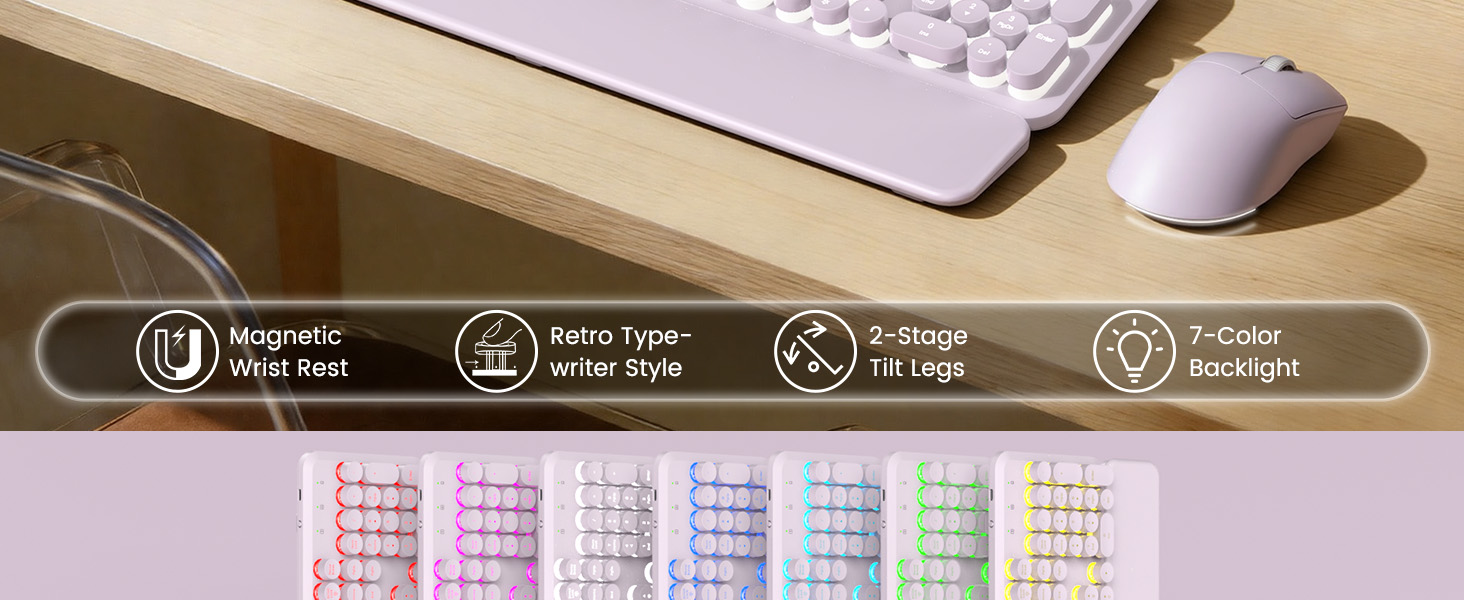 Glowing Pastel Purple Wireless Keyboard and Mouse Combo with Backlit Round Keycaps