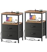 Huuger Nightstands Set of 2, End Tables with Charging Station, Side Tables with Fabric Drawers, B...