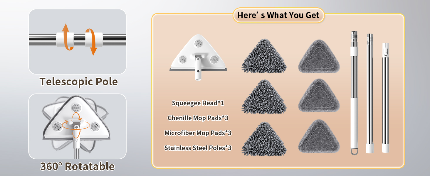 What You Get: 3 Stainless Steel Poles, 1 Squeegee Head, 3 Chenille Mop Pads, 3 Microfiber Mop Pads