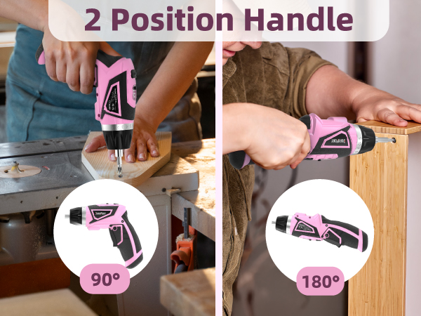 Pink and black cordless screwdriver with 2-position adjustable handle, showing 90-degree and 180-degree configurations for versatile use.