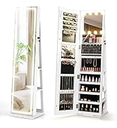 CHARMAID Swivel Jewelry Armoire with Full-Length LED Mirror & Interior Makeup Mirror, 360° Rotati...