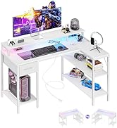 DUMOS 47” Gaming Desk with USB Charging Ports &amp; LED Lights, Reversible L Shaped Desks Computer Co...