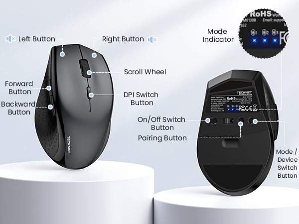 Technical diagram of a computer mouse showing labeled components including 'Left Button', 'Right Button', 'Scroll Wheel', 'On/Off switch Button', 'Forward/Back button', and 'Mode Indicator'.