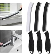 Set of curved cleaning tools with black handles, shown in white and black variations, displayed alongside sink and window cleaning demonstration images.
